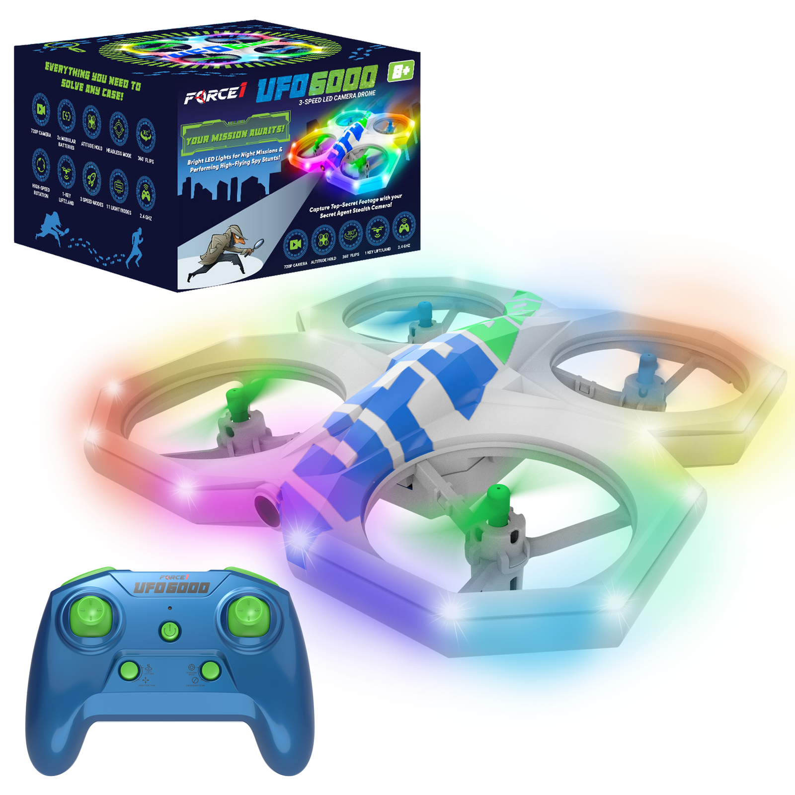 1_1a519590-29ac-4106-b3cb-4f99c53ed33a Force1 UFO 6000 Mini RC Stunt Aerial Drone, Multicolor LED Lights with Camera - Image 1